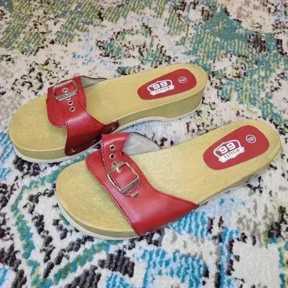 Route 66 Red Single Strappy Slip On Wooden Sandals, Size 9 Chunky Boho - Picture 2 of 9